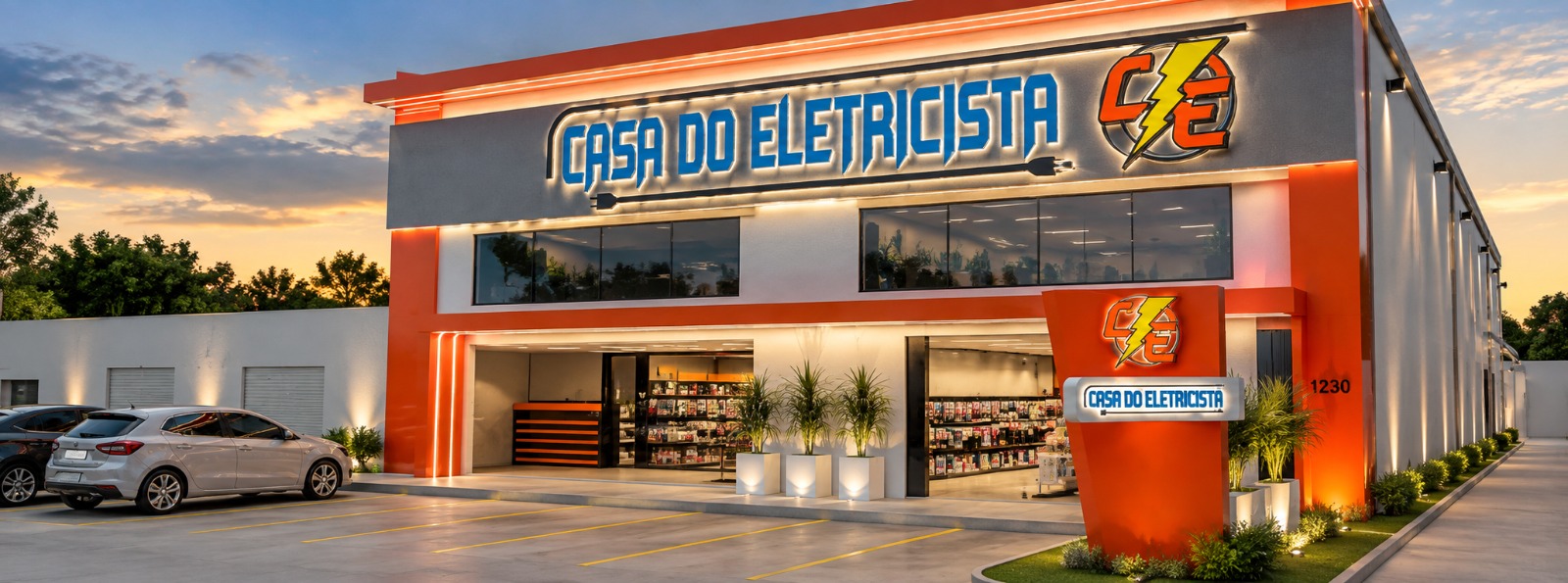 Fachada da Casa do Eletricista, com letreiro da loja e detalhes em laranja